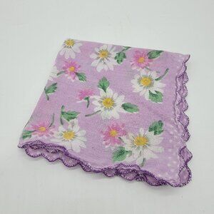 Vintage Purple Flower Floral Daisy Scalloped Border‎ Hankie Handkerchief EUC